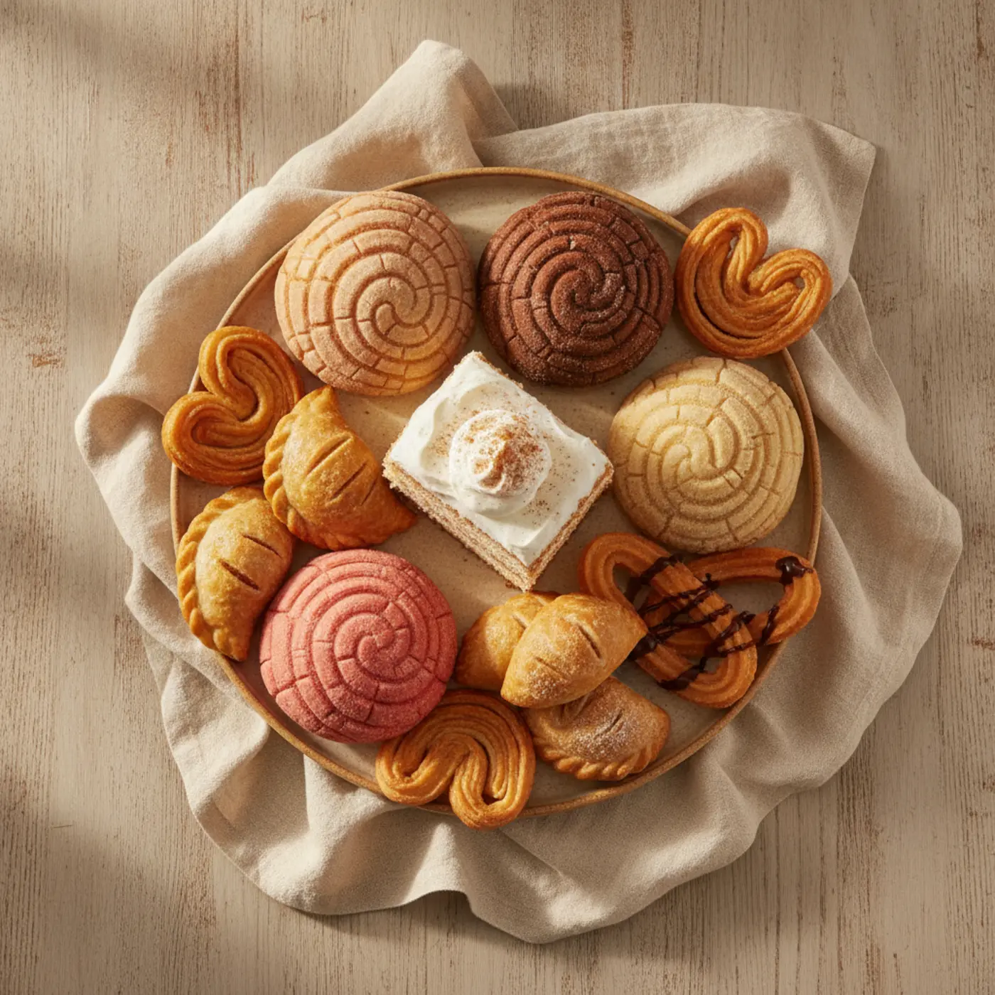 Una mesa de pan dulce recién horneado: conchas, empanadas, orejas y una rebanada de tres leches